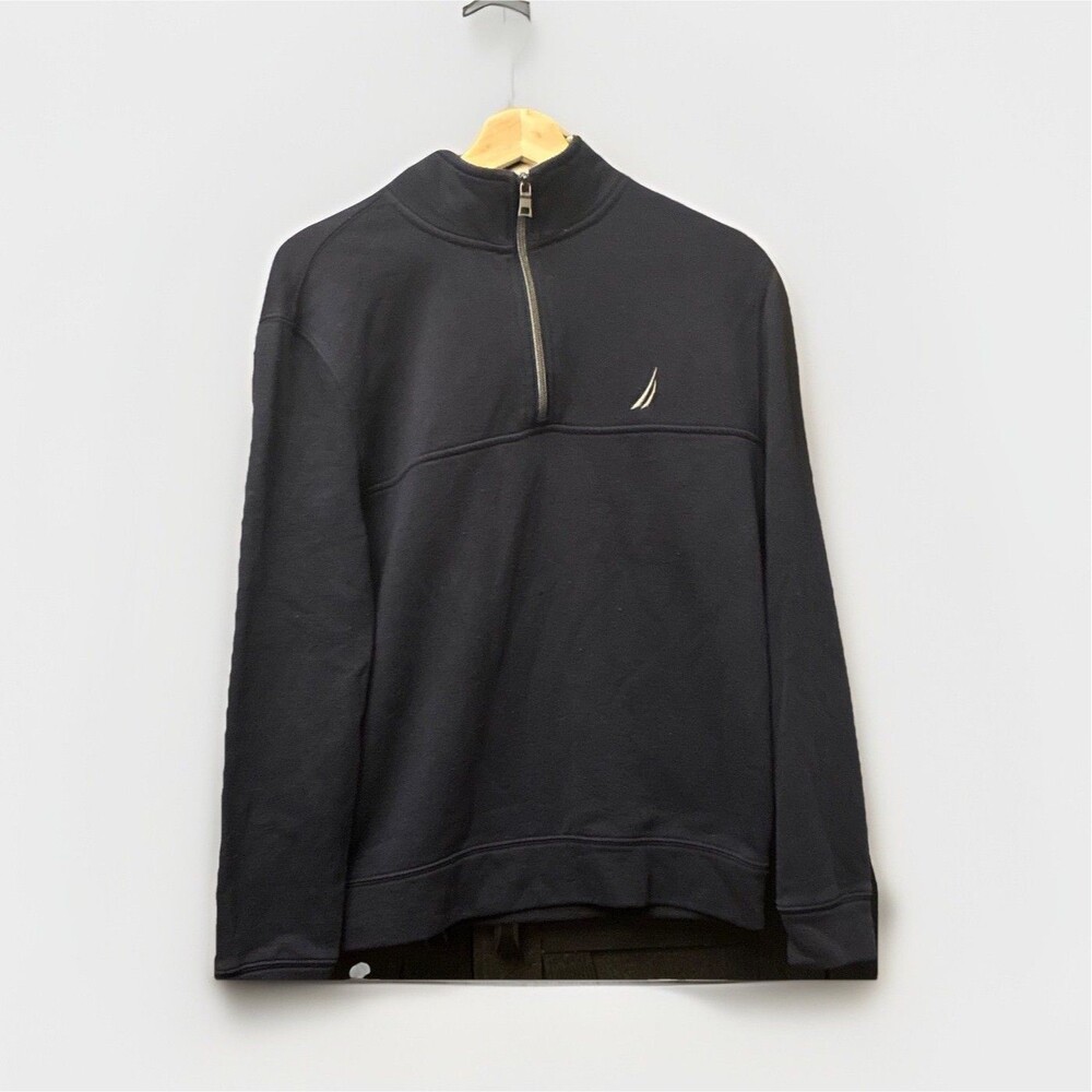Nautica Black‎ 1/4 Zip Mock Neck Logo Solid Sweatshirt Regular Fit Men S
